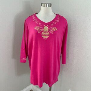 NEW Quacker Factory Womens Plus 2X Pink Embellished Bee Rhinestone Tunic Top